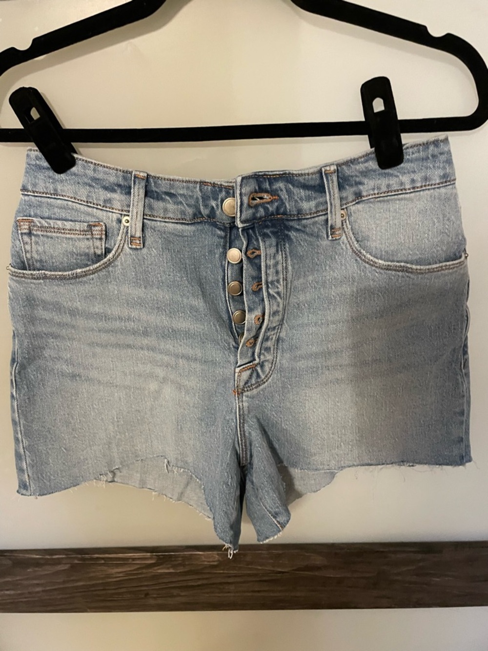 Good American Light Blue High-Rise Button-Fly Denim Shorts